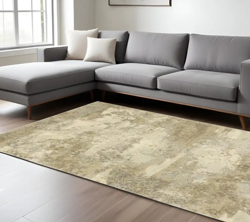 Beige and Gold Abstract Power Loom Area Rug Photo 1