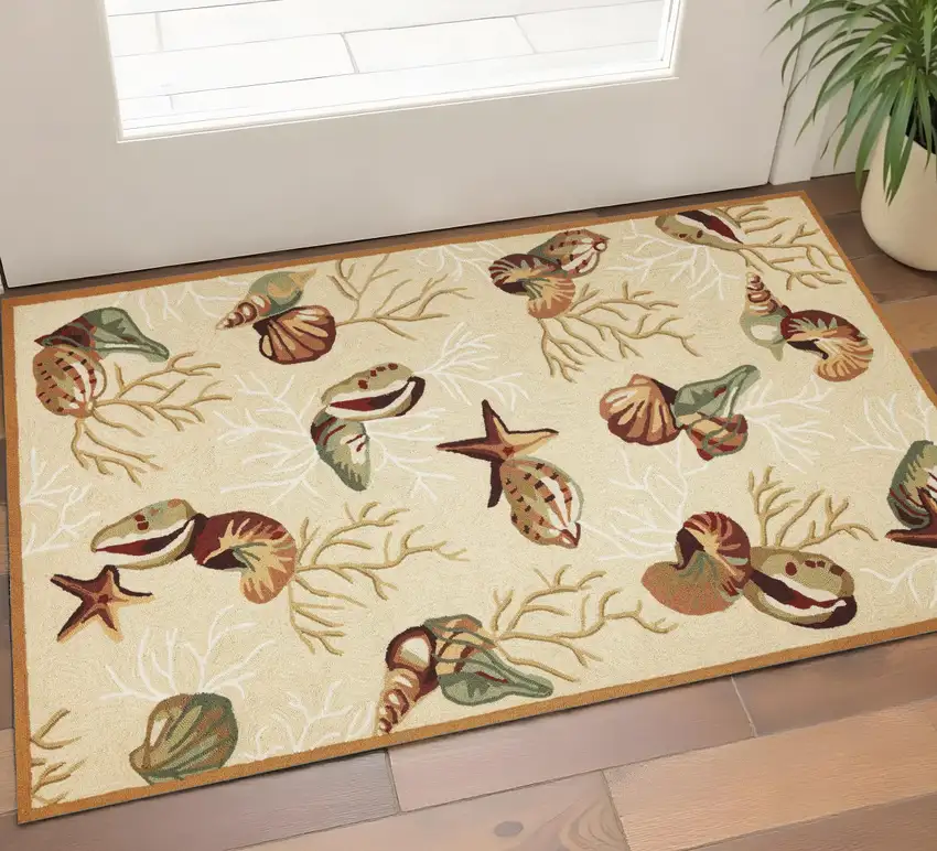 Beige Green And Brown Seashell and Coral Hand Tufted Area Rug Photo 1