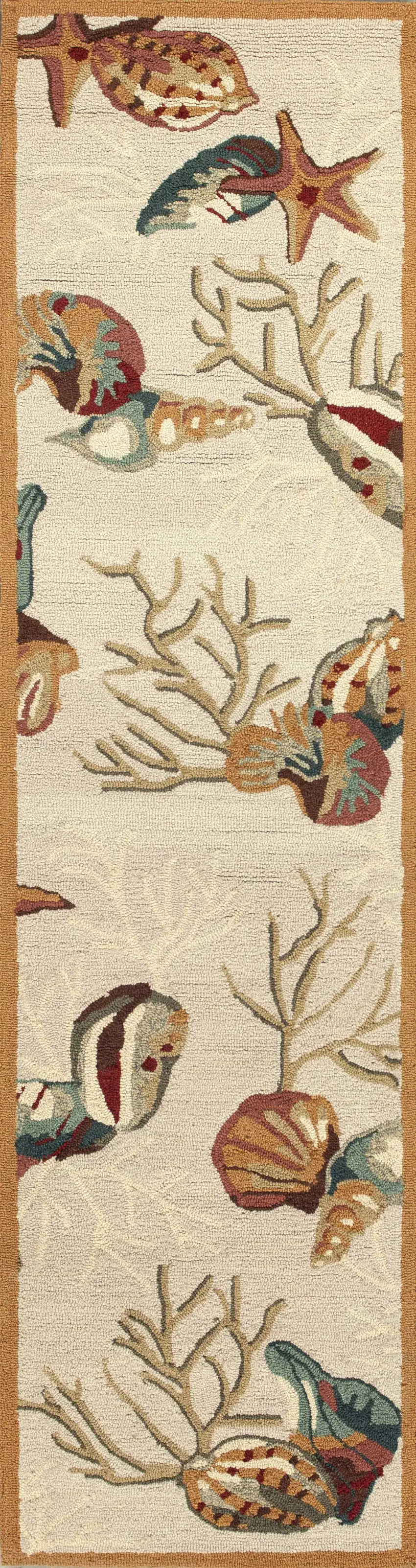 8' Beige Hand Hooked Sea Shells Indoor Runner Rug Photo 3