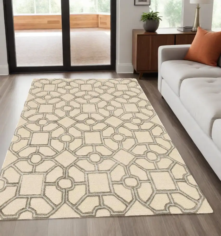 Beige Hand Tufted Geometric Indoor Area Rug Photo 1