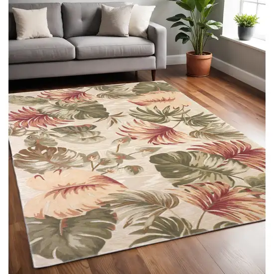 Beige Green And Pink Wool Botanical Leaves Hand Tufted Area Rug Photo 1