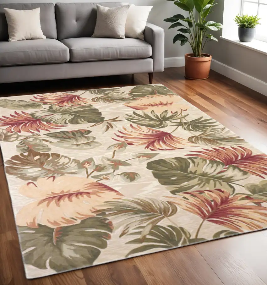 Beige Green And Pink Wool Botanical Leaves Hand Tufted Area Rug Photo 1