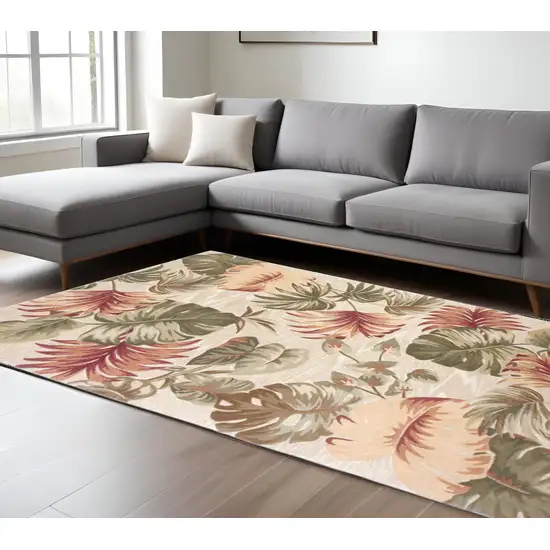 Beige Green And Pink Wool Botanical Leaves Hand Tufted Area Rug Photo 1
