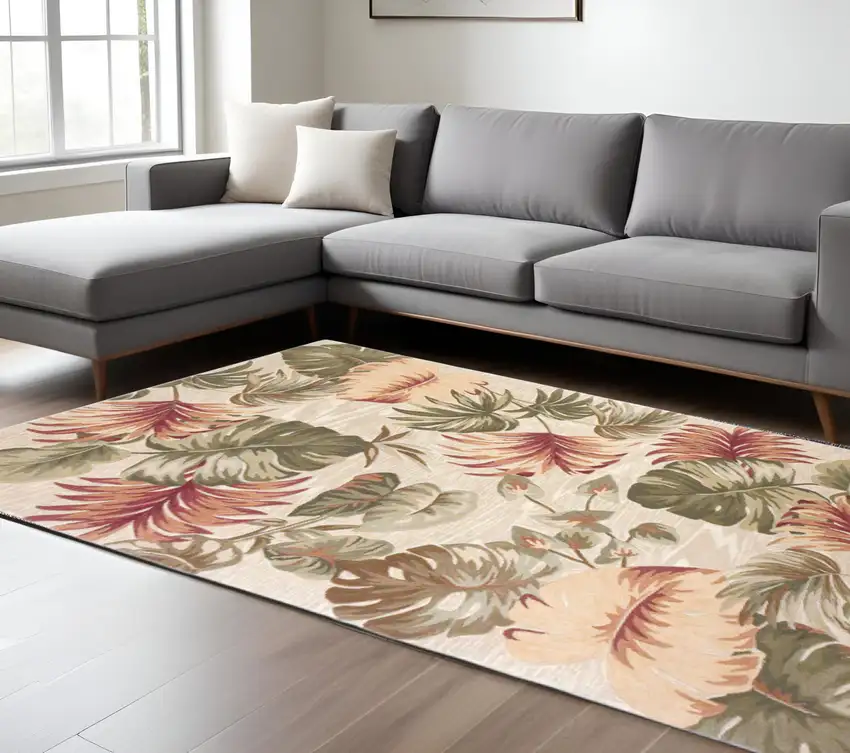 Beige Green And Pink Wool Botanical Leaves Hand Tufted Area Rug Photo 1