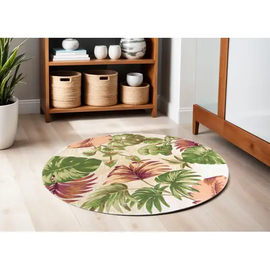 6' Beige Green And Pink Wool Botanical Leaves Hand Tufted Round Rug Photo 1