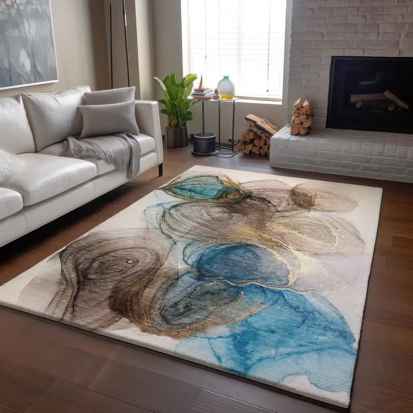 Beige Ivory And Blue Abstract Washable Area Rug With UV Protection Photo 7