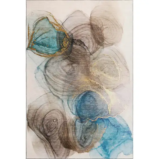 Beige Ivory And Blue Abstract Washable Area Rug With UV Protection Photo 1