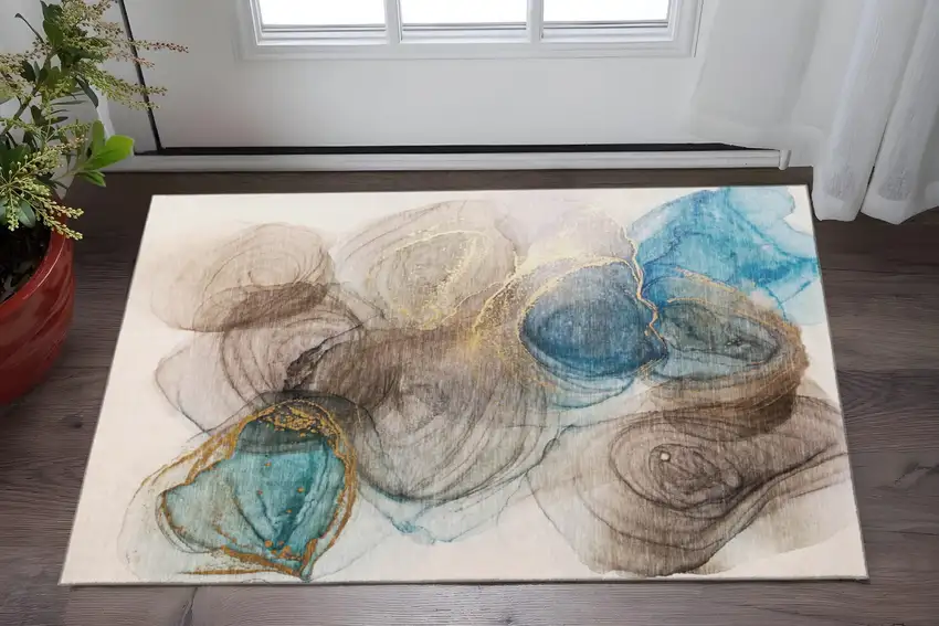 Beige Ivory And Blue Abstract Washable Area Rug With UV Protection Photo 3