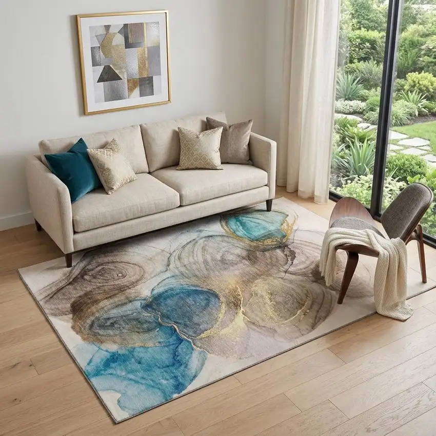 Beige Ivory And Blue Abstract Washable Area Rug With UV Protection Photo 1