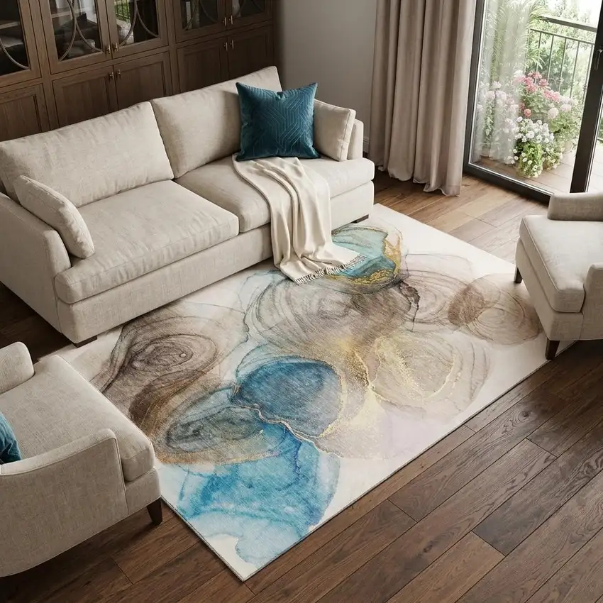 Beige Ivory And Blue Abstract Washable Area Rug With UV Protection Photo 1