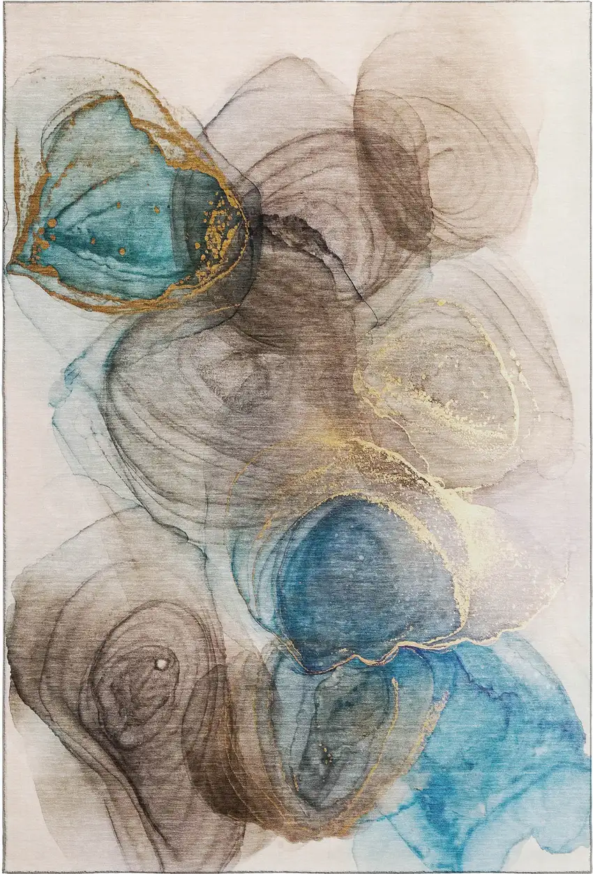 Beige Ivory And Blue Abstract Washable Area Rug With UV Protection Photo 1