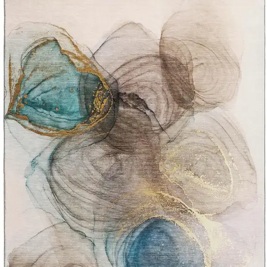 Beige Ivory And Blue Abstract Washable Area Rug With UV Protection Photo 4