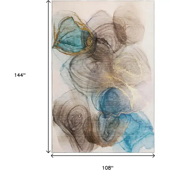 Beige Ivory And Blue Abstract Washable Area Rug With UV Protection Photo 3