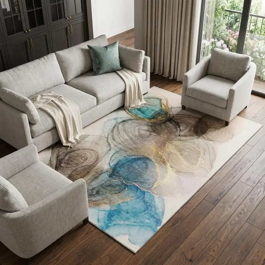 Beige Ivory And Blue Abstract Washable Area Rug With UV Protection Photo 1