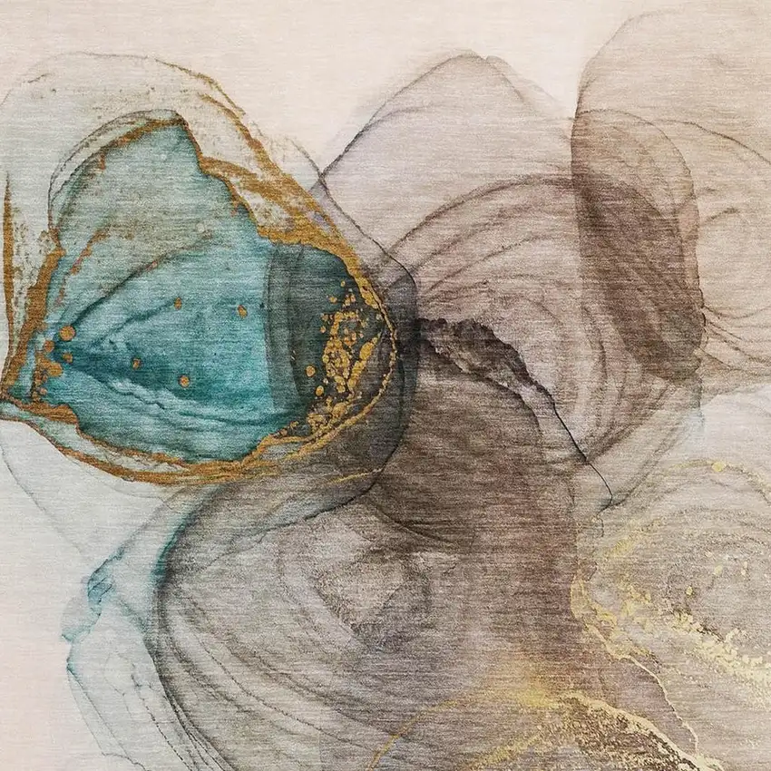 Beige Ivory And Blue Abstract Washable Area Rug With UV Protection Photo 4