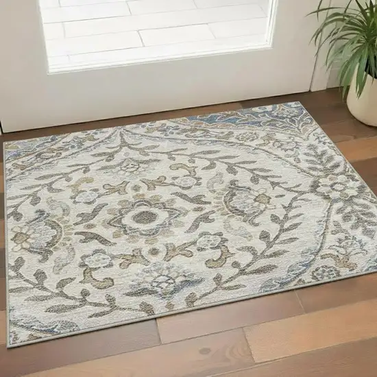 Beige Ivory And Blue Floral Washable Area Rug With UV Protection Photo 2