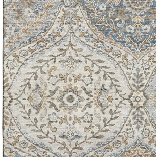 Beige Ivory And Blue Floral Washable Area Rug With UV Protection Photo 4