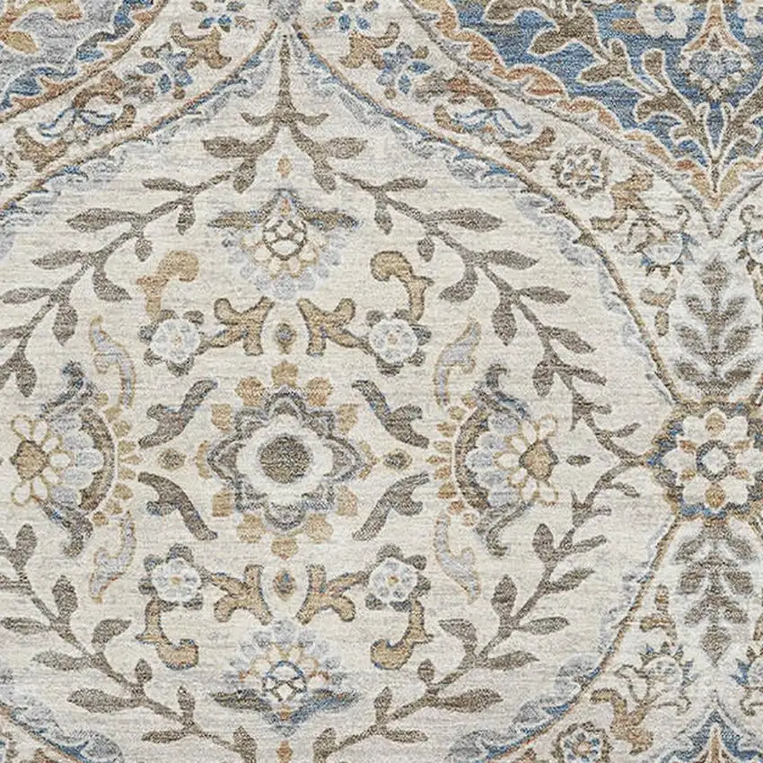 Beige Ivory And Blue Floral Washable Area Rug With UV Protection Photo 3