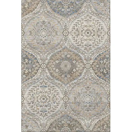 Beige Ivory And Blue Floral Washable Area Rug With UV Protection Photo 4