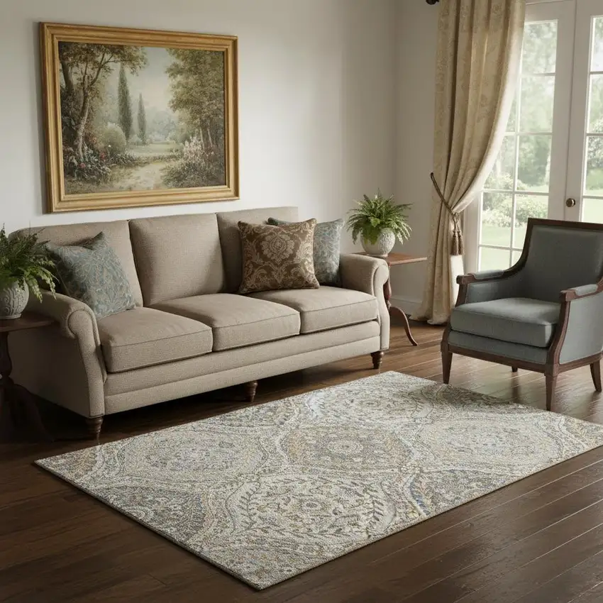 Beige Ivory And Blue Floral Washable Area Rug With UV Protection Photo 2