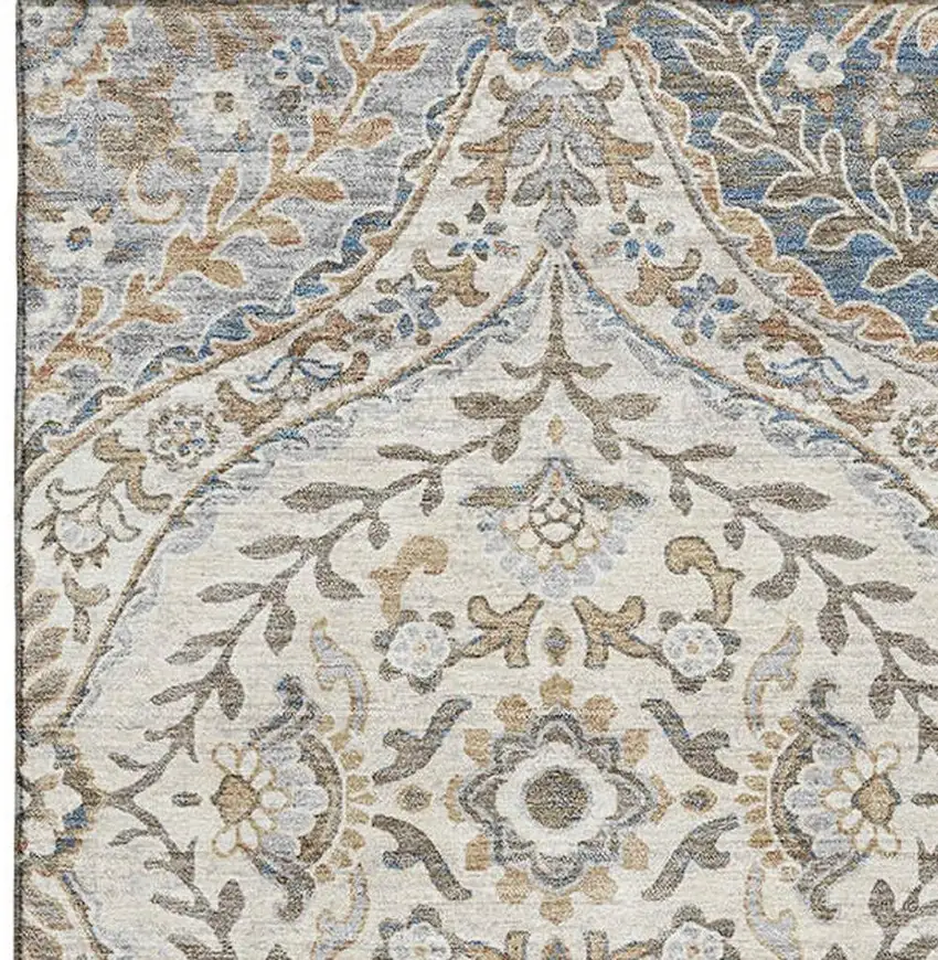 Beige Ivory And Blue Floral Washable Area Rug With UV Protection Photo 3