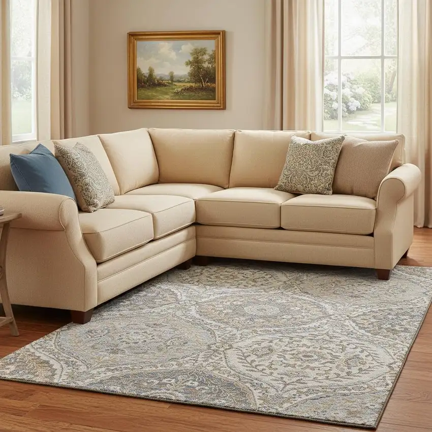 Beige Ivory And Blue Floral Washable Area Rug With UV Protection Photo 2