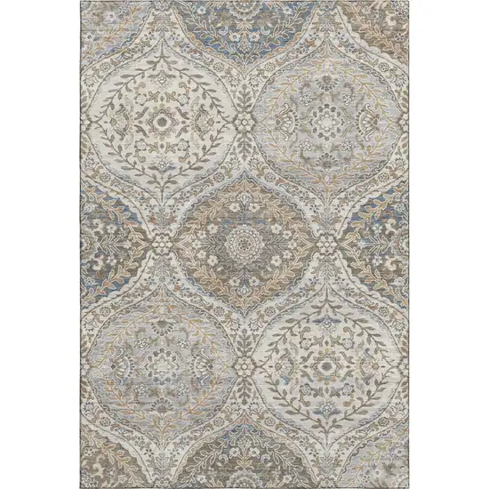 Beige Ivory And Blue Floral Washable Area Rug With UV Protection Photo 1