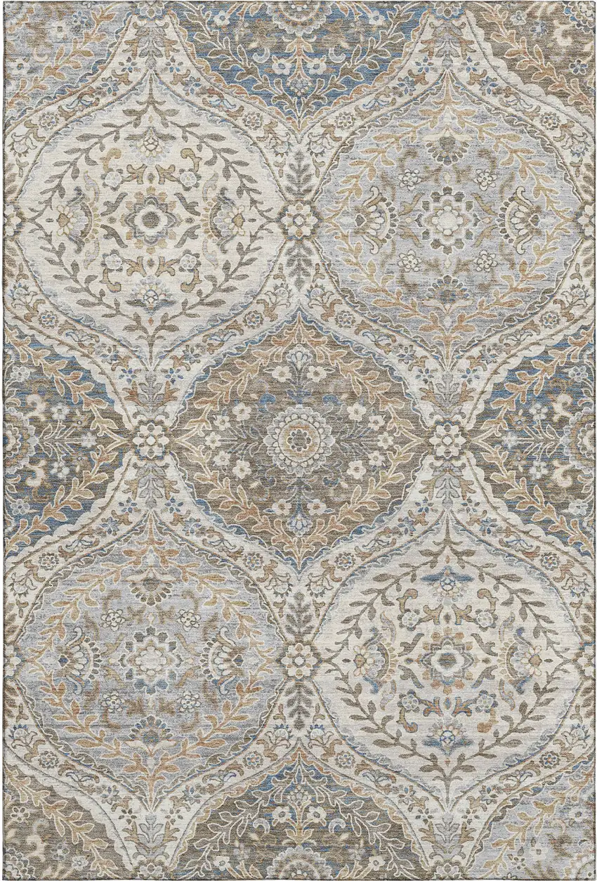 Beige Ivory And Blue Floral Washable Area Rug With UV Protection Photo 1