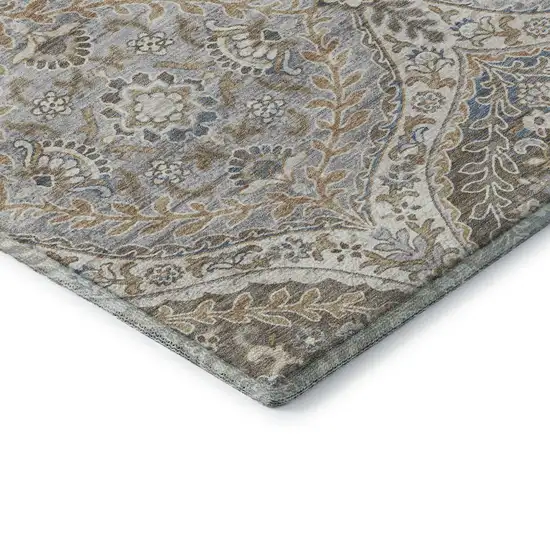 Beige Ivory And Blue Floral Washable Area Rug With UV Protection Photo 8