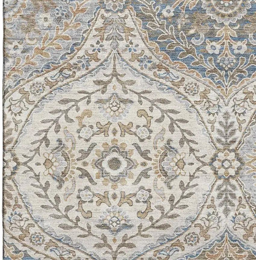 Beige Ivory And Blue Floral Washable Area Rug With UV Protection Photo 4