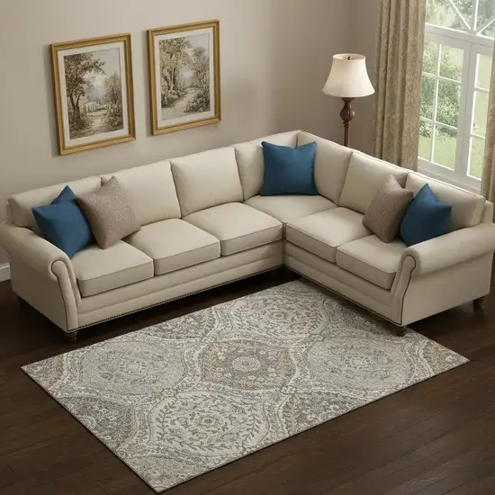 Beige Ivory And Blue Floral Washable Area Rug With UV Protection Photo 2