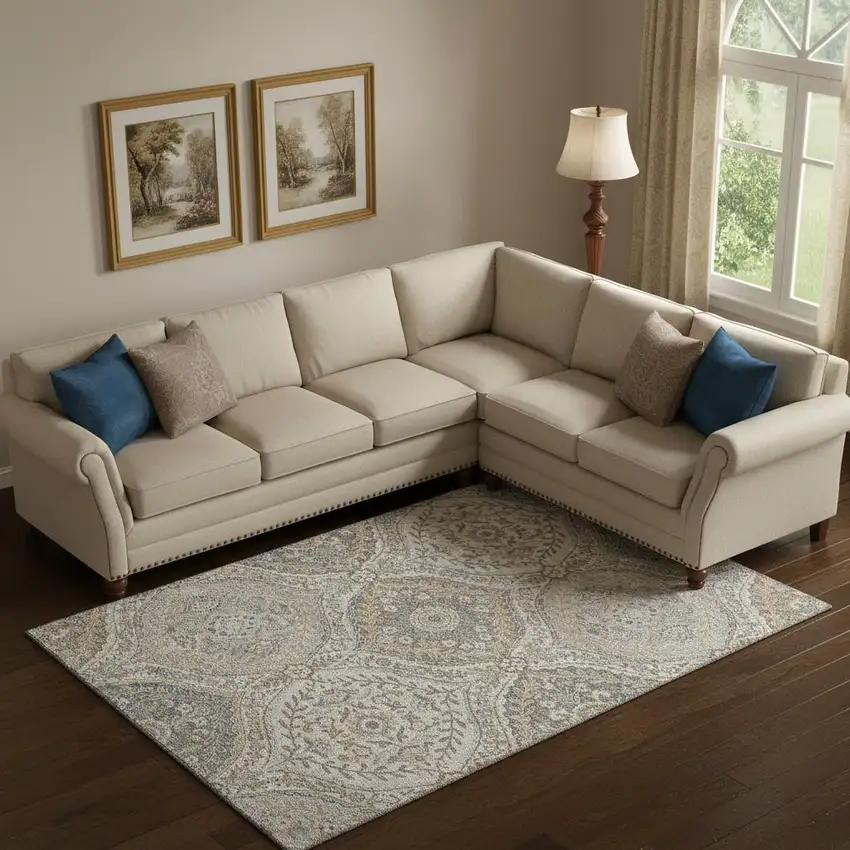 Beige Ivory And Blue Floral Washable Area Rug With UV Protection Photo 2