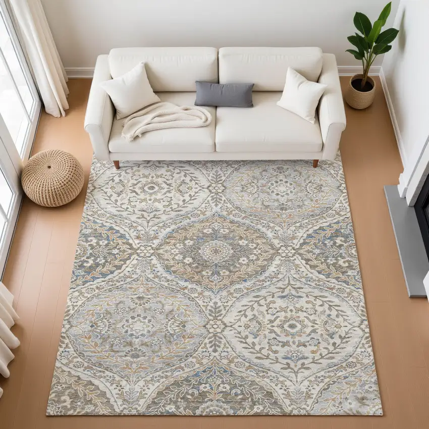 Beige Ivory And Blue Floral Washable Area Rug With UV Protection Photo 5