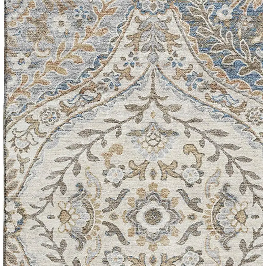 Beige Ivory And Blue Floral Washable Area Rug With UV Protection Photo 3