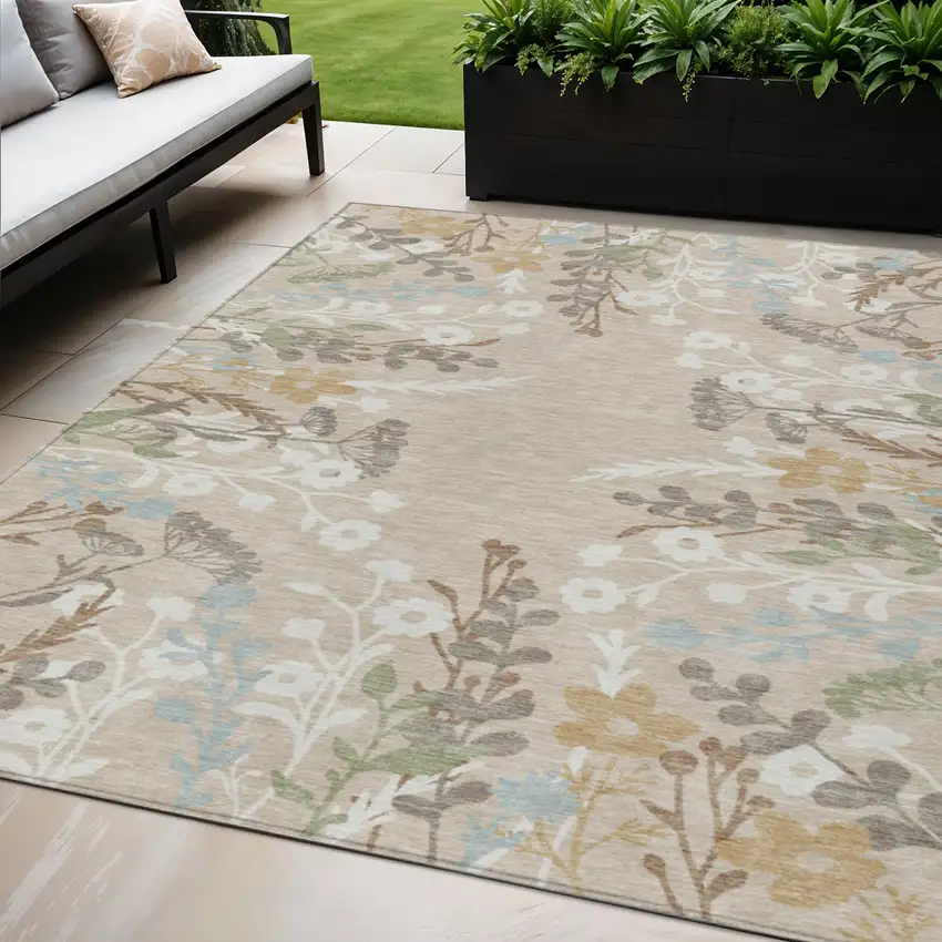 Beige Ivory And Blue Floral Washable Indoor Outdoor Area Rug Photo 1