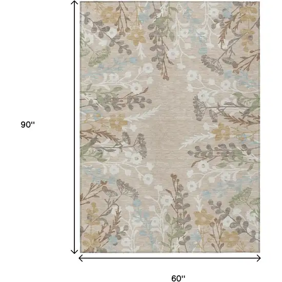 Beige Ivory And Blue Floral Washable Indoor Outdoor Area Rug Photo 3