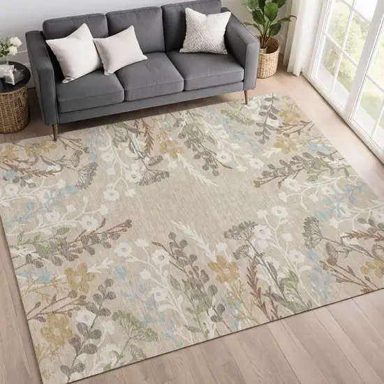Beige Ivory And Blue Floral Washable Indoor Outdoor Area Rug Photo 9