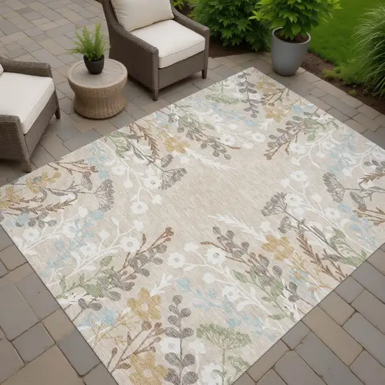Beige Ivory And Blue Floral Washable Indoor Outdoor Area Rug Photo 8