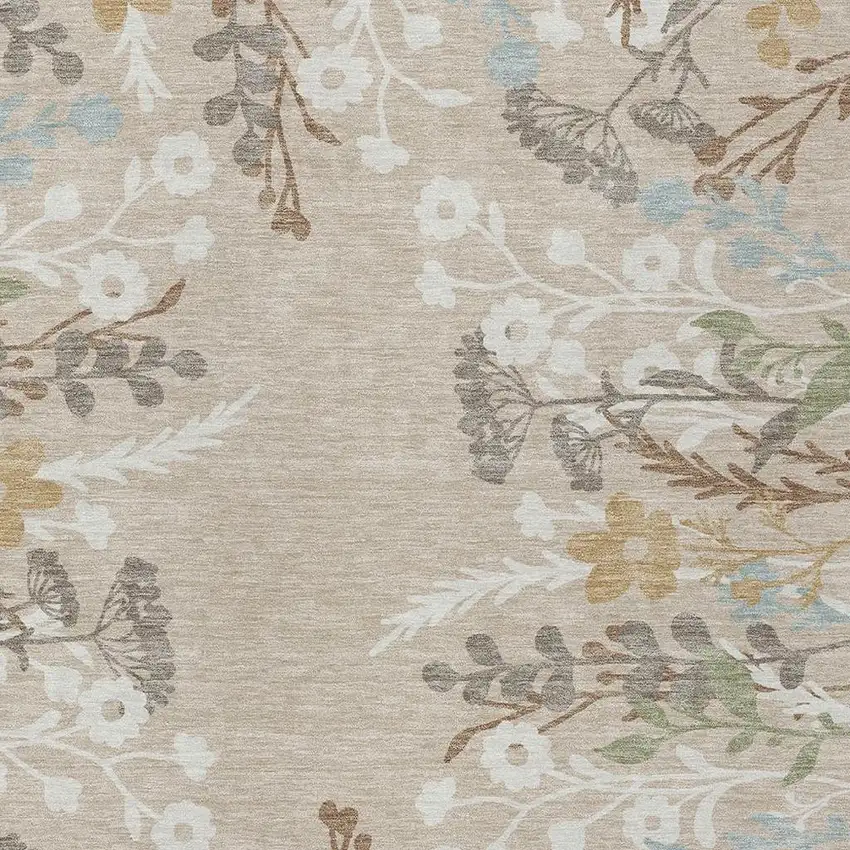 Beige Ivory And Blue Floral Washable Indoor Outdoor Area Rug Photo 5