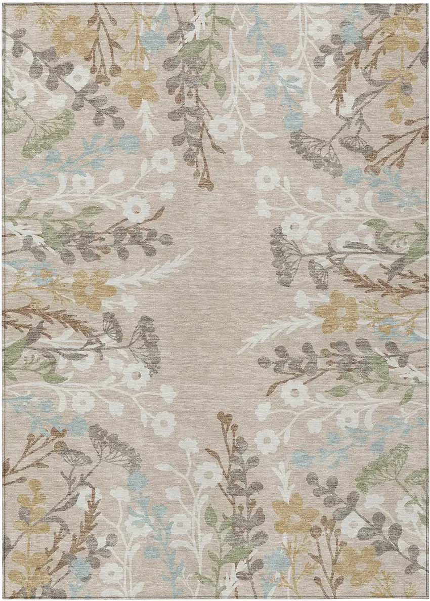 Beige Ivory And Blue Floral Washable Indoor Outdoor Area Rug Photo 2