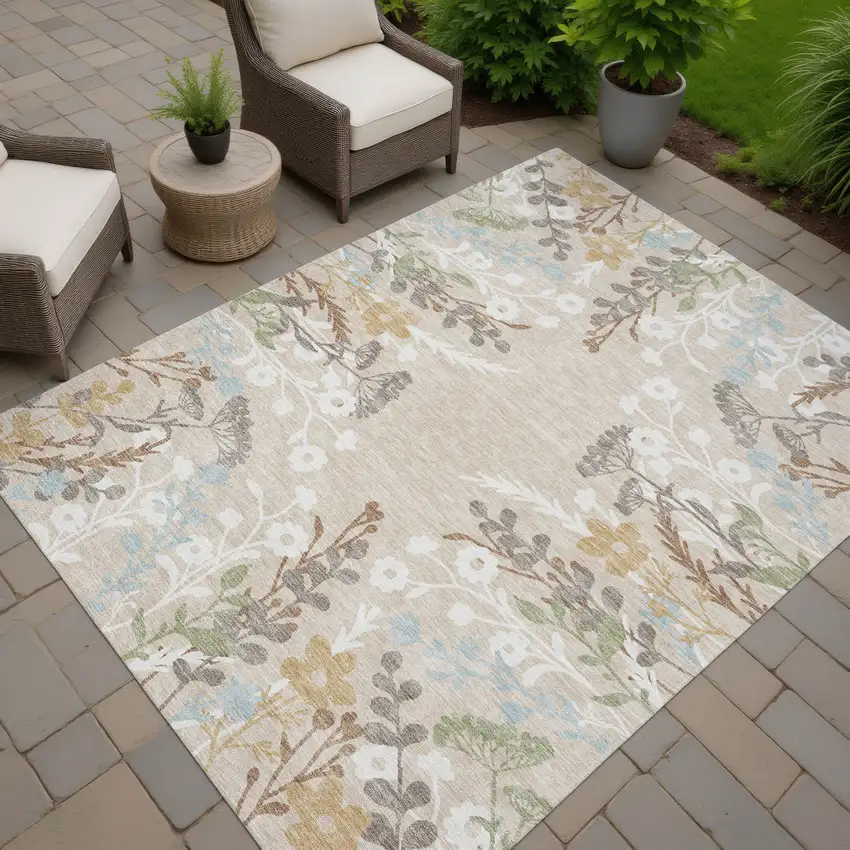 Beige Ivory And Blue Floral Washable Indoor Outdoor Area Rug Photo 8