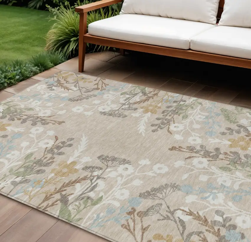 Beige Ivory And Blue Floral Washable Indoor Outdoor Area Rug Photo 1
