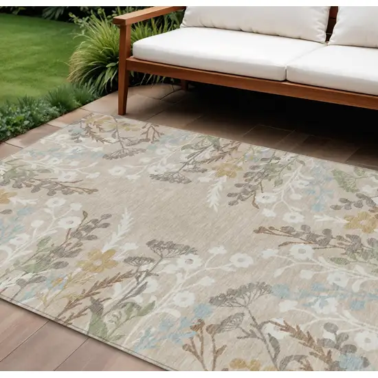 Beige Ivory And Blue Floral Washable Indoor Outdoor Area Rug Photo 1