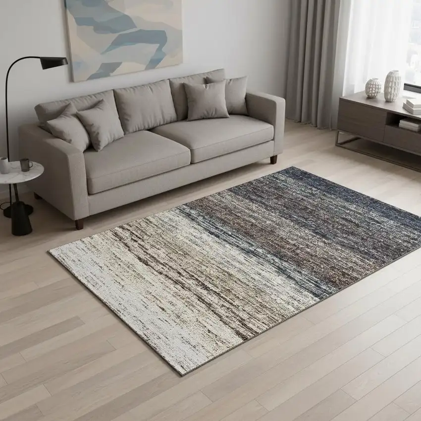 Beige Ivory And Blue Ombre Washable Area Rug With UV Protection Photo 2