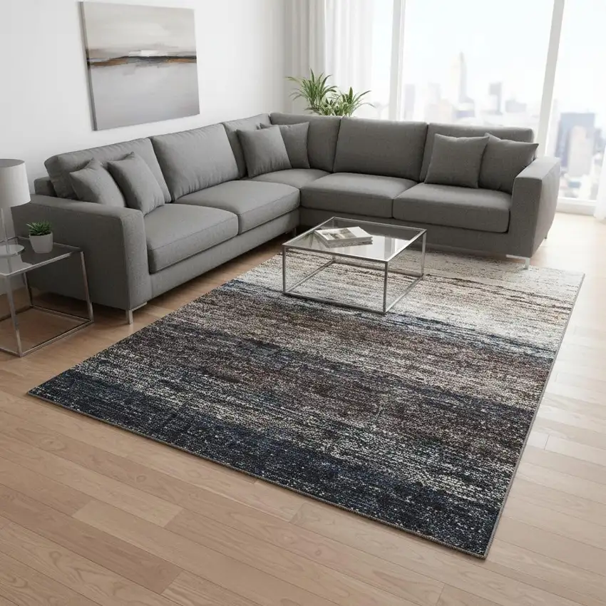 Beige Ivory And Blue Ombre Washable Area Rug With UV Protection Photo 2