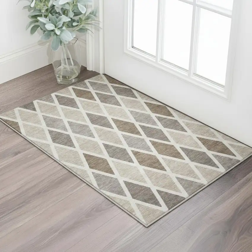 Beige Ivory And Brown Geometric Washable Area Rug With UV Protection Photo 2