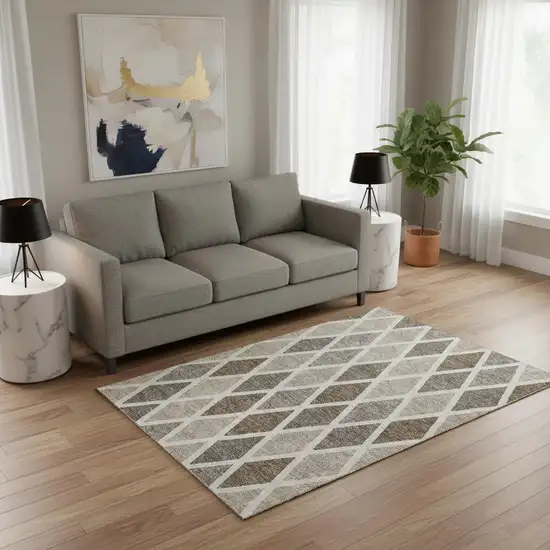 Beige Ivory And Brown Geometric Washable Area Rug With UV Protection Photo 2