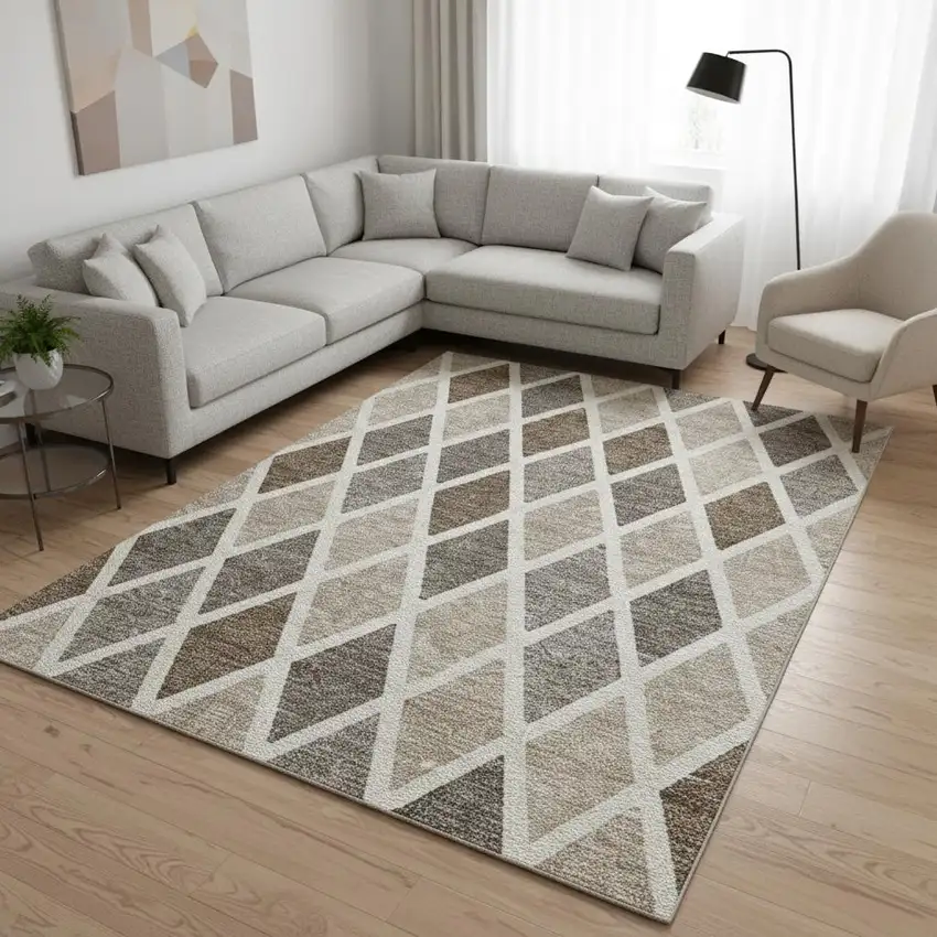 Beige Ivory And Brown Geometric Washable Area Rug With UV Protection Photo 2