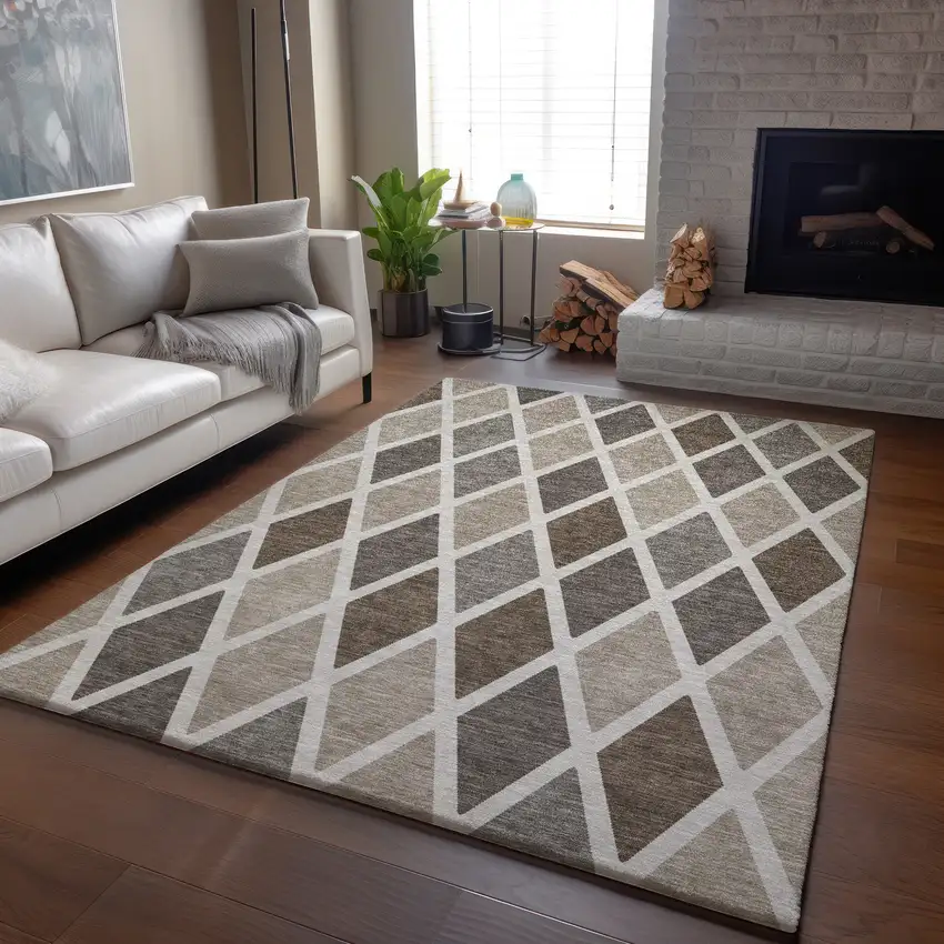 Beige Ivory And Brown Geometric Washable Area Rug With UV Protection Photo 6