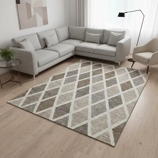 Beige Ivory And Brown Geometric Washable Area Rug With UV Protection Photo 2